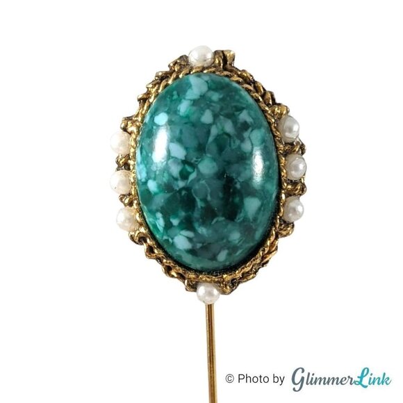 Vintage Oval Mottled Green Cabochon Faux Pearl Filigree Gold Tone Stick Pin - Picture 3 of 10